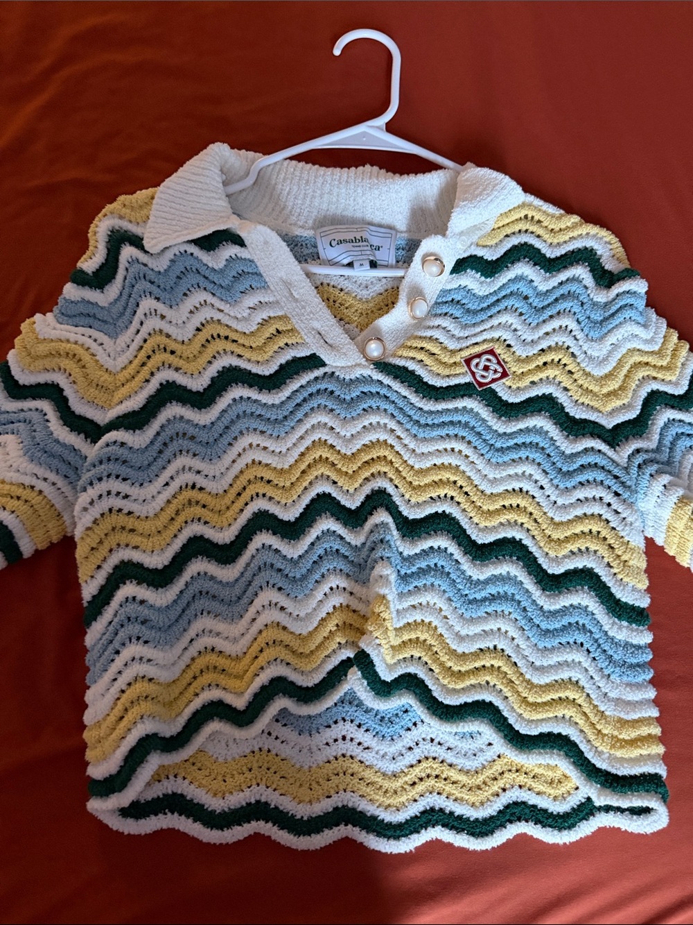 Casablanca women’s Multicolor Wavy Knit Polo — Yellow & Green Stripe